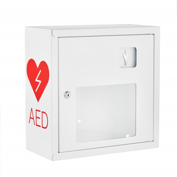 bialo czerwona szafka aed asb1001 metalowa z zamkiem na kluczyk i szybka zbij szybke white red 37x37x17