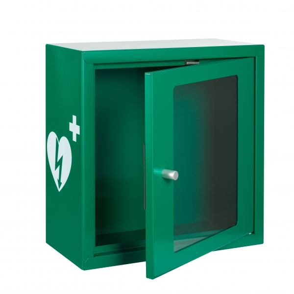 zielono biala szafka aed asb1010 metalowa z zamkiem magnetycznym i alarmem dzwiekowym green white