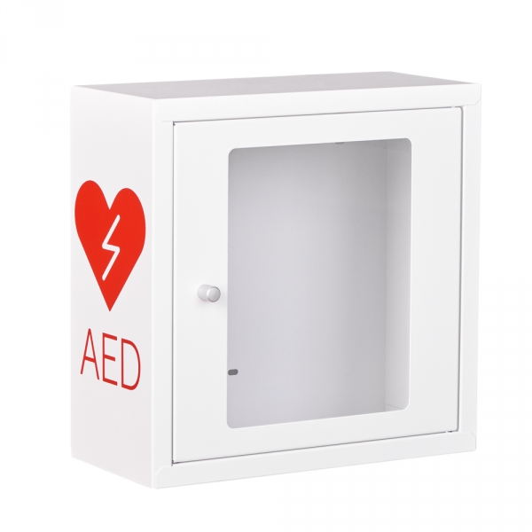 bialo czerwona szafka aed asb1010 metalowa z zamkiem magnetycznym i alarmem dzwiekowym white red