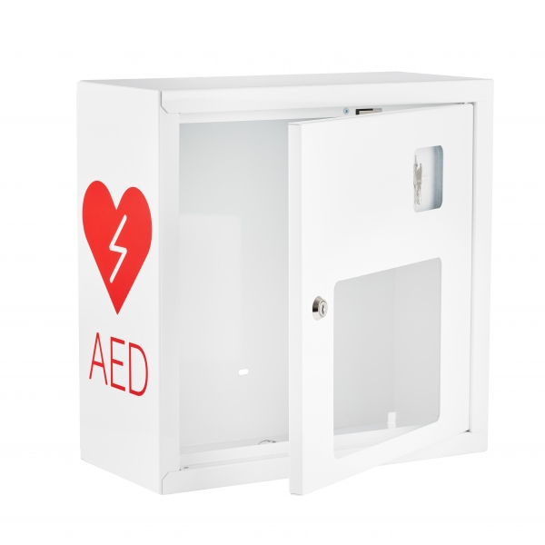 biala szafka aed asb1011 metalowa z alarmem dzwiekowym i szybka zbij szybke white red