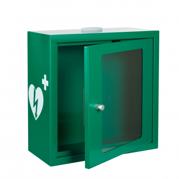 zielono biala szafka aed asb1020 metalowa z zamkiem magnetycznym alarmem dzwiekowym swietlnym green white