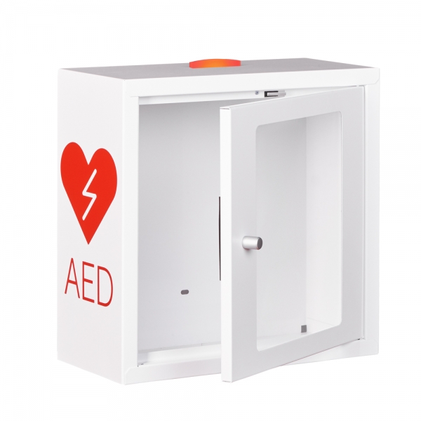 bialo czerwona szafka aed asb1020 metalowa z zamkiem magnetycznym alarmem led white red 37x37x17