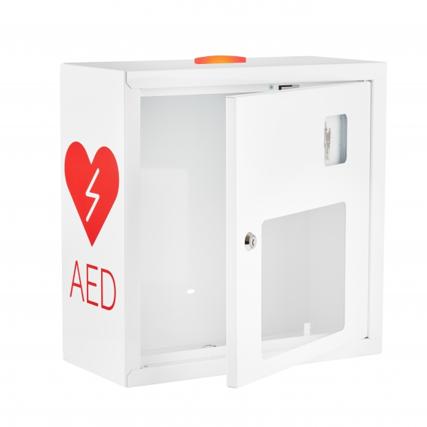 bialo czerwona szafka aed asb1021 metalowa z alarmem dzwiekowym swietlnym led i zbij szybke white red