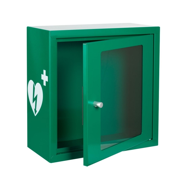 mala zielona szafka aed asb2010 kompaktowa metalowa z zamkiem magnetycznym i alarmem dzwiekowym green white 30x30x13