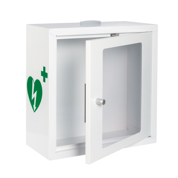 mala biala szafka aed asb2020 kompaktowa metalowa z zamkiem magnetycznym alarmem led white green 30x30x13