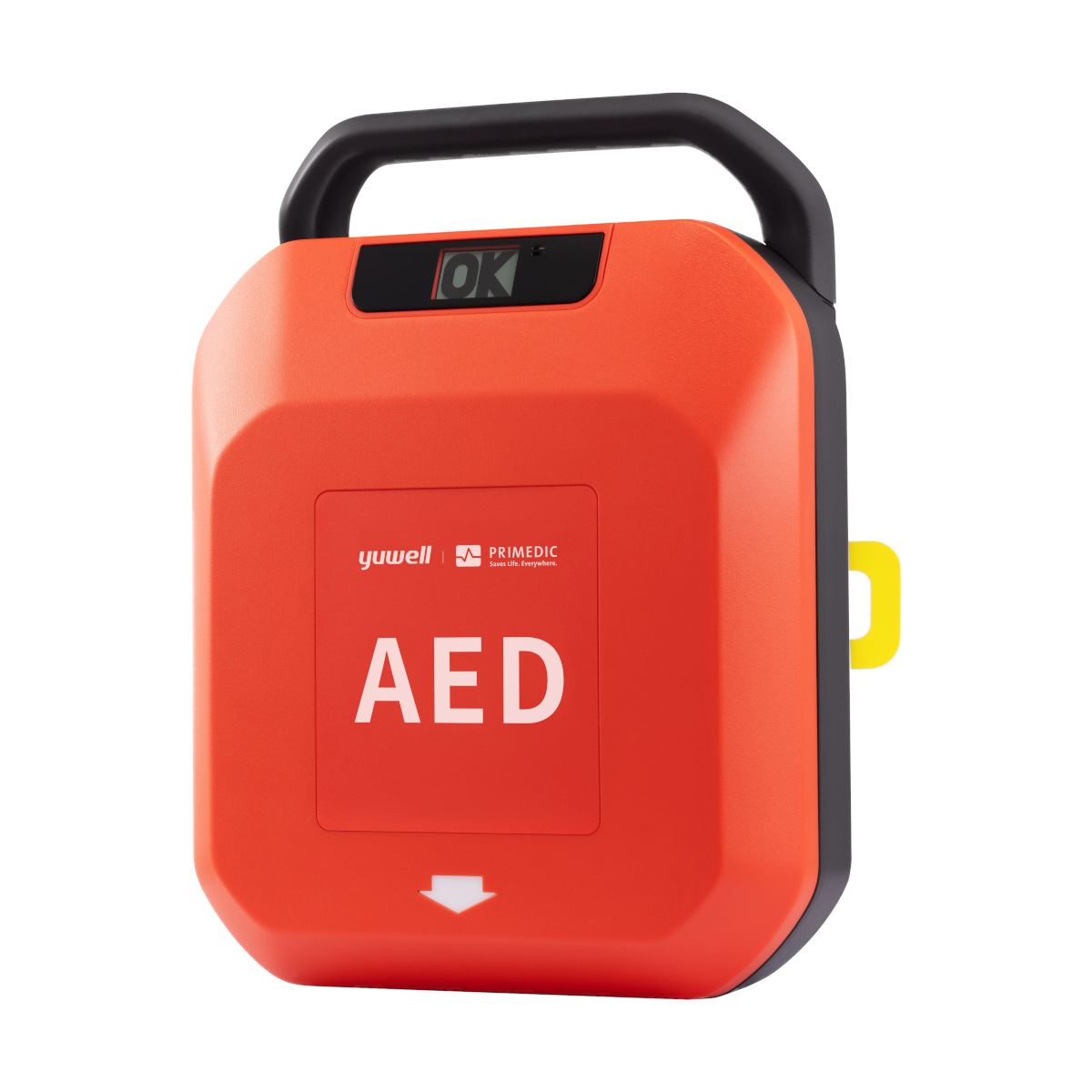 PRIMEDIC HeartSave Y półautomatyczny defibrylator AED z otwartą pokrywą i widoczną miniapteczką
