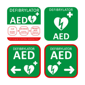 Zestaw tablic informacyjnych AED 4 sztuki – oznakowanie AED
