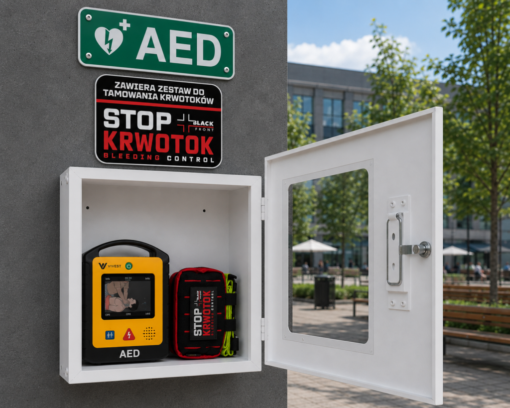 AED z apteczką STOP the Bleed i tablicą