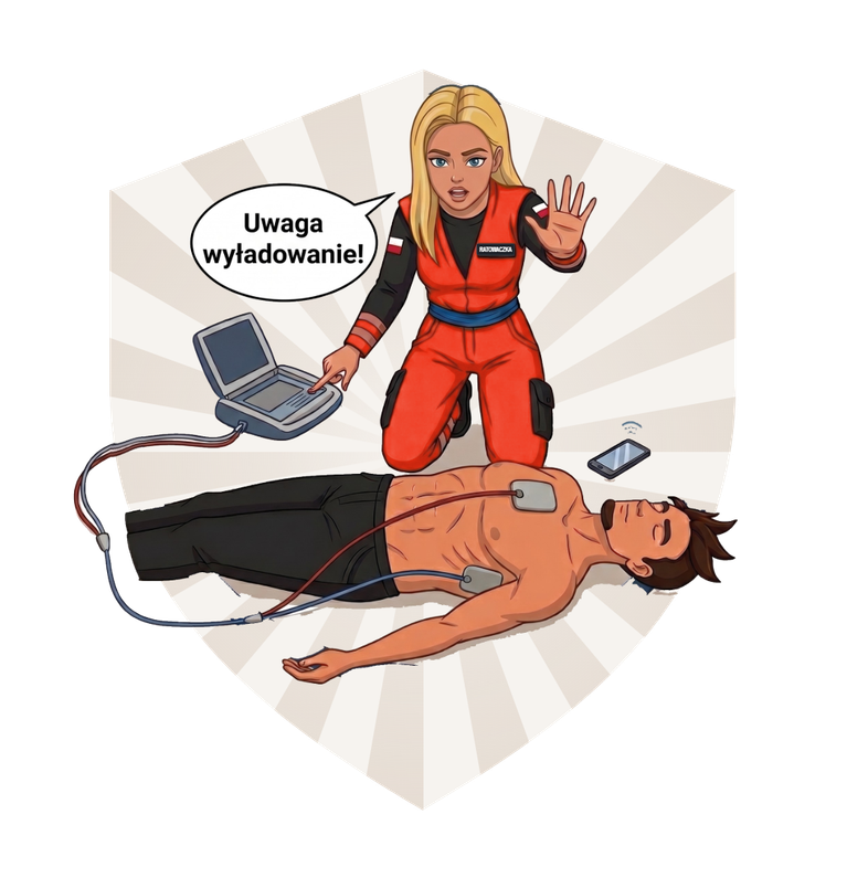 Using an AED – the “Stand clear, shock” prompt, nobody touches the casualty