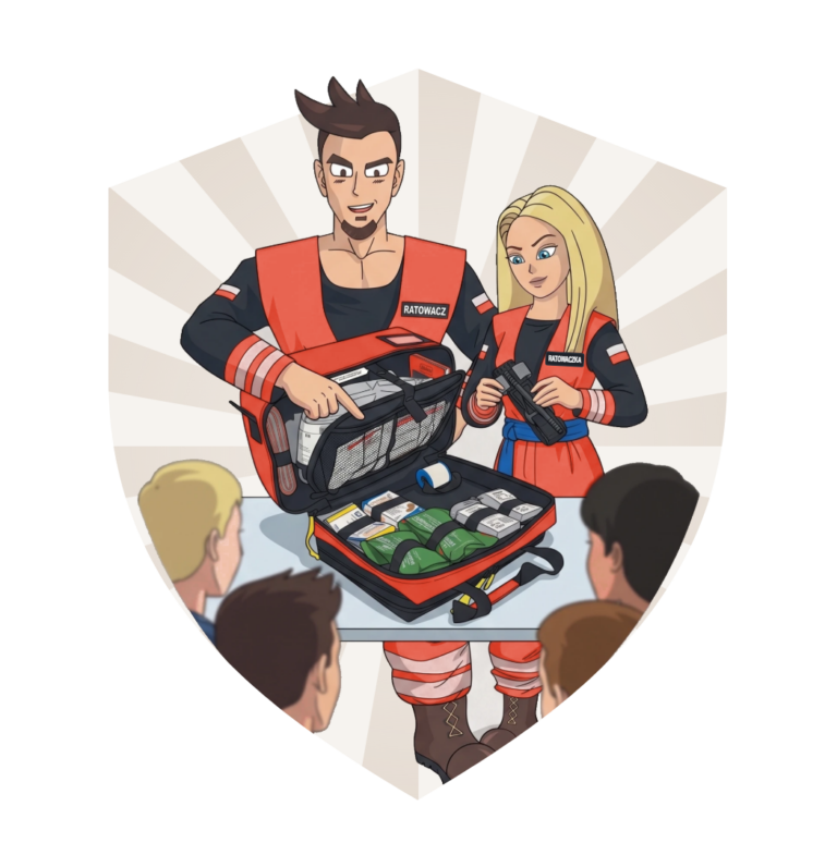 Ratowacze Instructors showing the contents of a first aid kit to training Participants – illustration