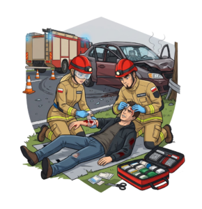 Volunteer firefighters (OSP) dress a head and forearm wound of a road accident casualty – injury dressing training