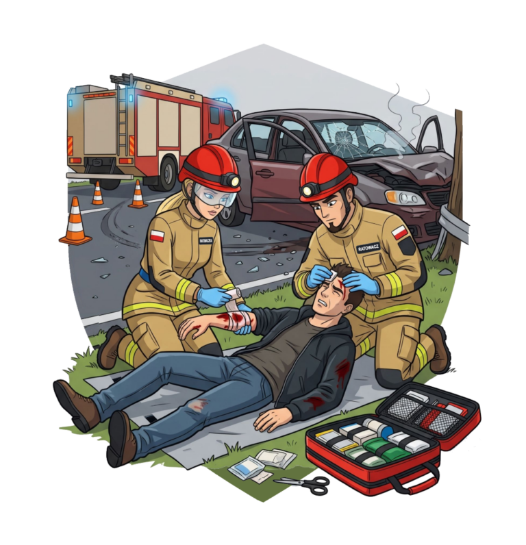 Volunteer firefighters (OSP) dress a head and forearm wound of a road accident casualty – injury dressing training