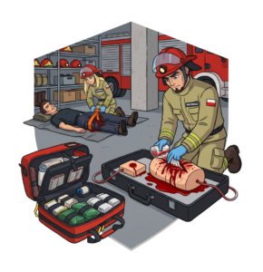 Volunteer firefighters (OSP) practise massive bleeding control – a tourniquet and wound packing on a bleeding trainer