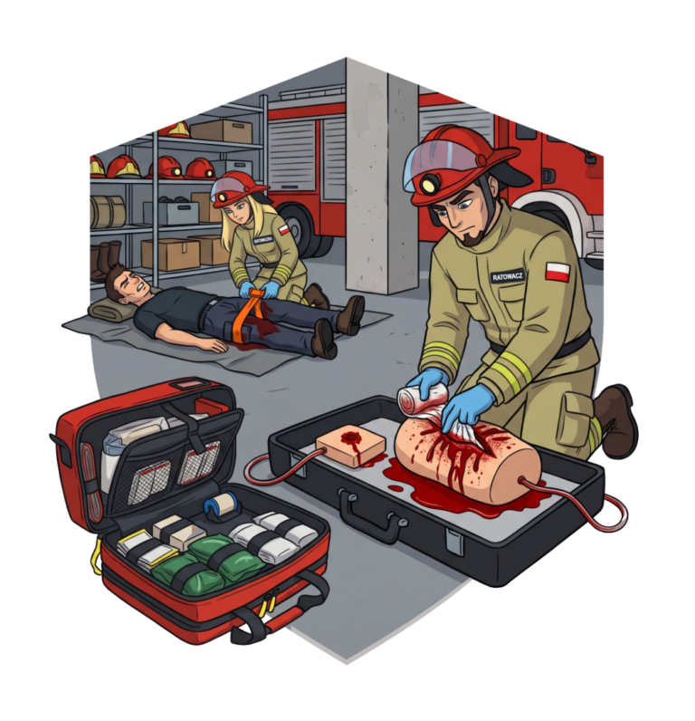 Volunteer firefighters (OSP) practise massive bleeding control – a tourniquet and wound packing on a bleeding trainer