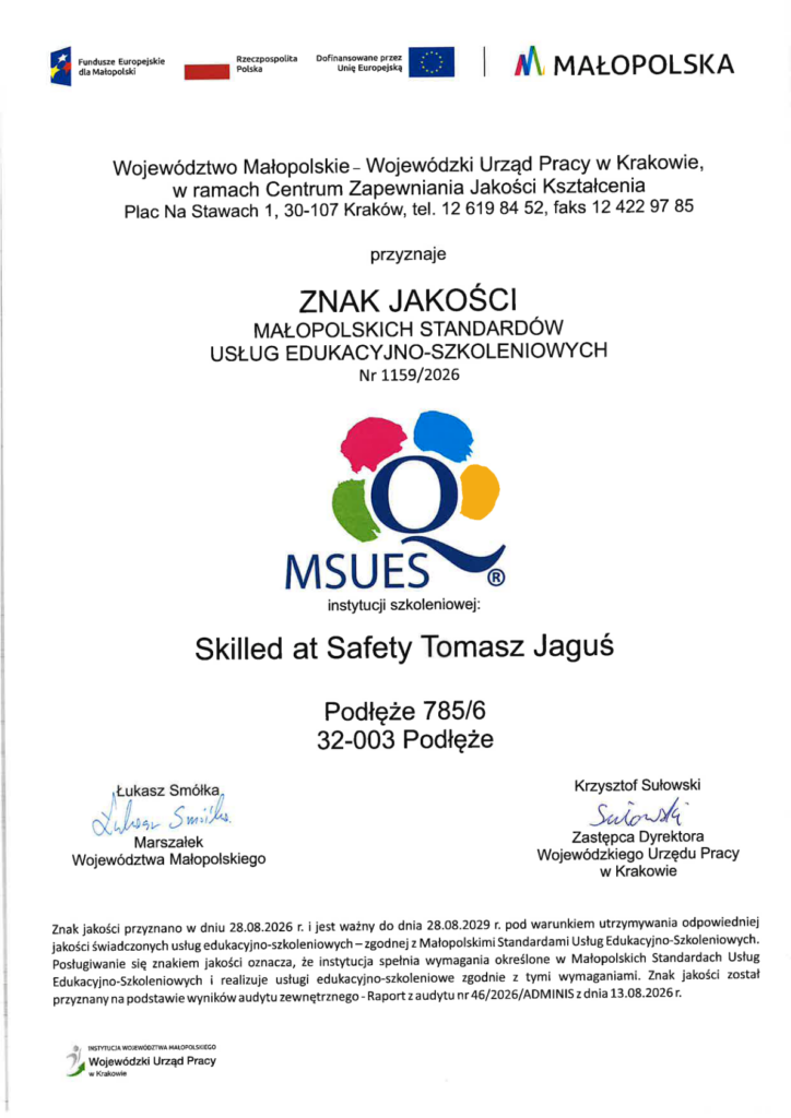 Certificate – Małopolska Standard of Educational and Training Services quality mark (MSUES)