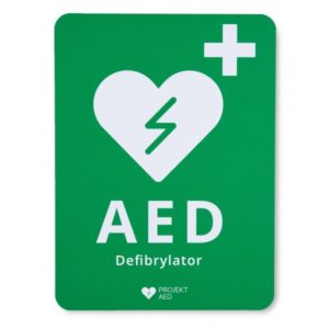 Tablica informacyjna AED – zielona z białym logo, 27 × 20 cm