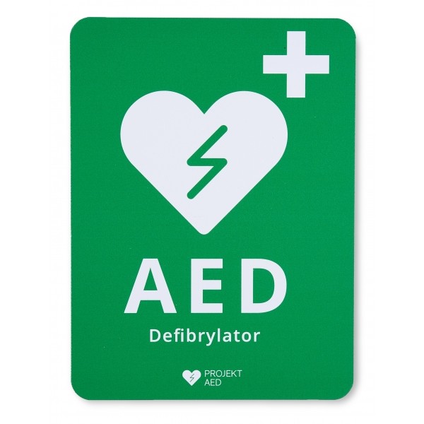 AED information sign – green with white logo, 27 × 20 cm