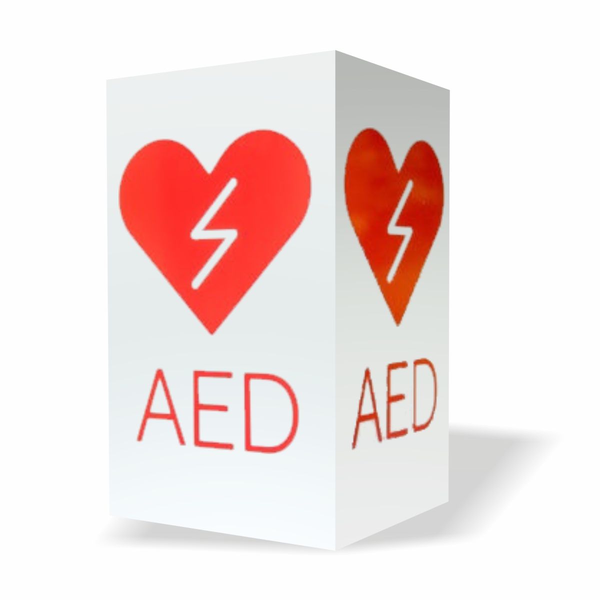 Znak informacyjny AED 3D – wypukły trójkąt z czerwonym logo AED